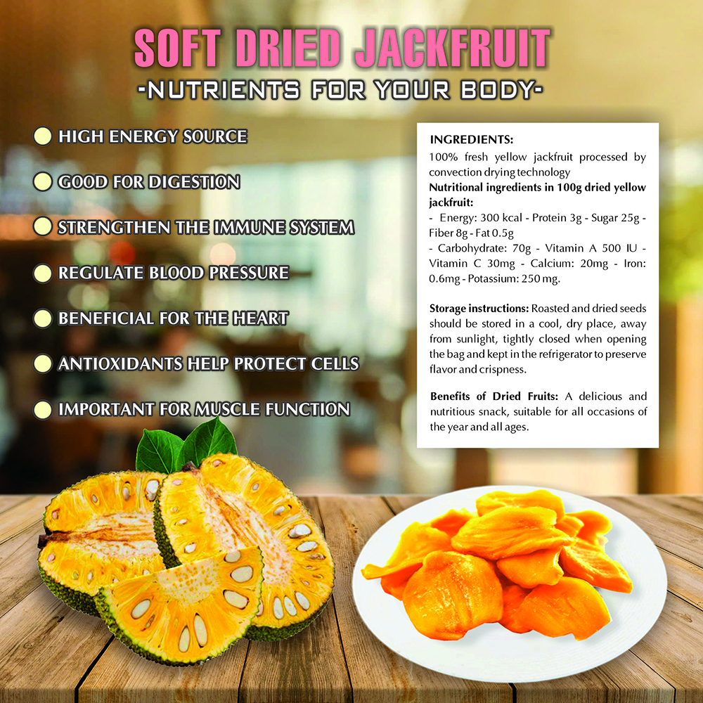 SOFT DRIED JACKFRUIT 5.29oz (150g) VIETFARMFOOD: Convection dried fruit with a little sugar, salt, natural sweetness, soft when chewed. Suitable for snack, healthy dessert for all ages