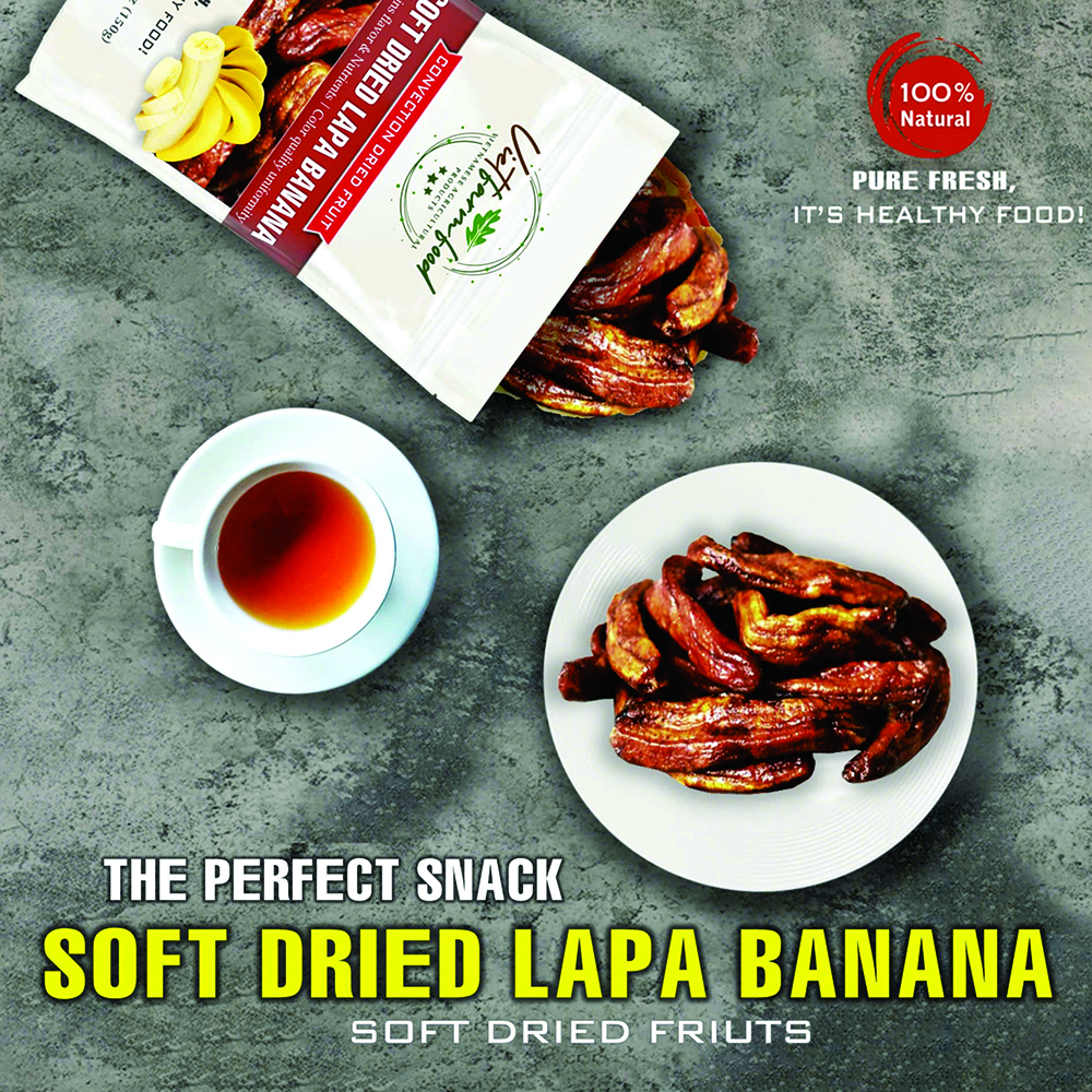 SOFT DRIED LAPA BANANA 5.29oz (150g) VIETFARMFOOD: Convection dried fruit with a little sugar, salt, natural sweetness, soft when chewed. Suitable for snack, healthy dessert for all ages
