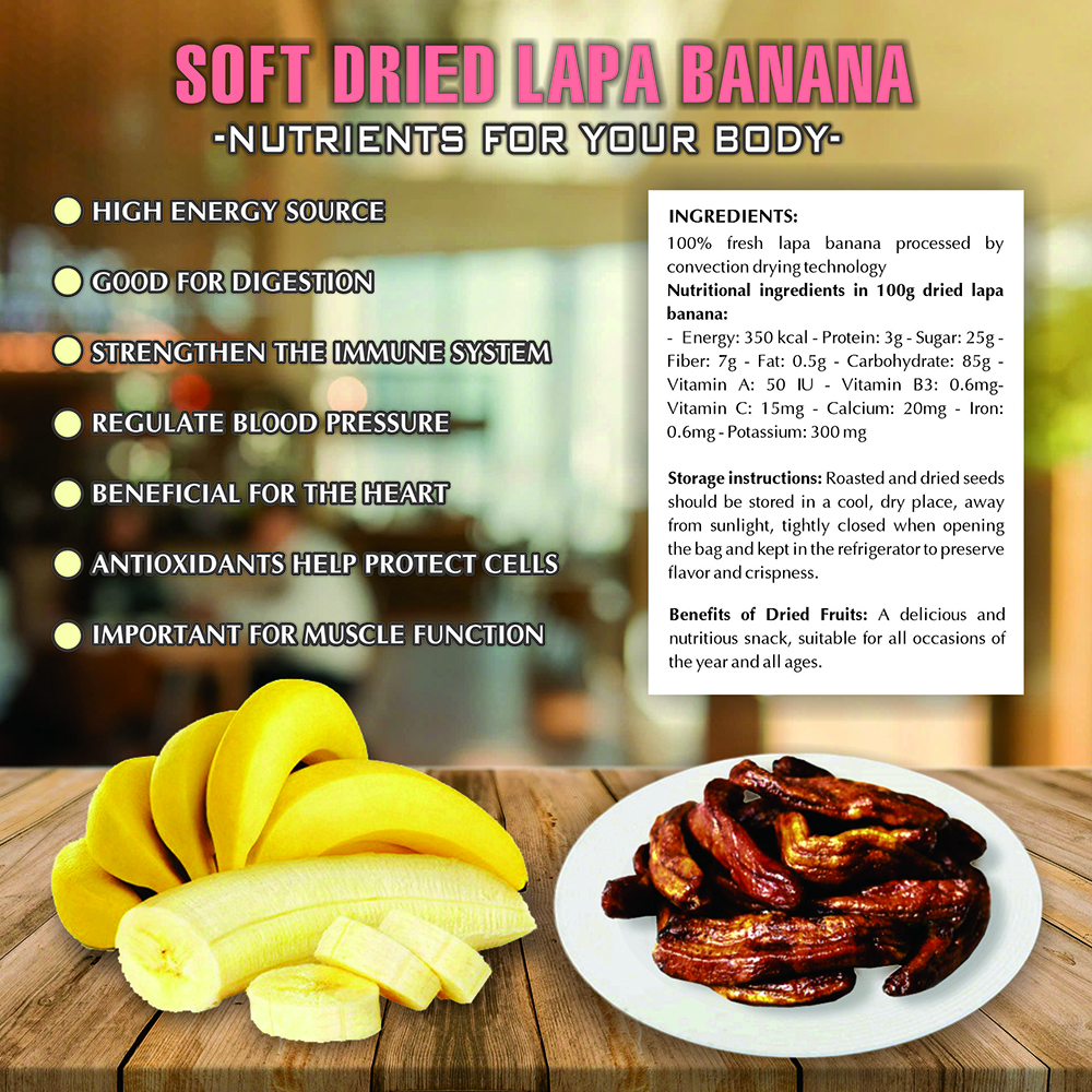 SOFT DRIED LAPA BANANA 5.29oz (150g) VIETFARMFOOD: Convection dried fruit with a little sugar, salt, natural sweetness, soft when chewed. Suitable for snack, healthy dessert for all ages