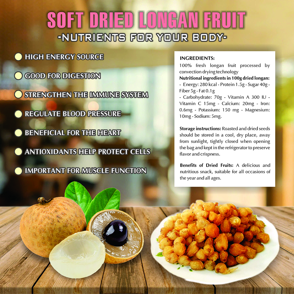 SOFT DRIED LONGAN 5.29oz (150g) VIETFARMFOOD: Convection dried fruit with a little sugar, salt, natural sweetness, soft when chewed. Suitable for snack, healthy dessert for all ages