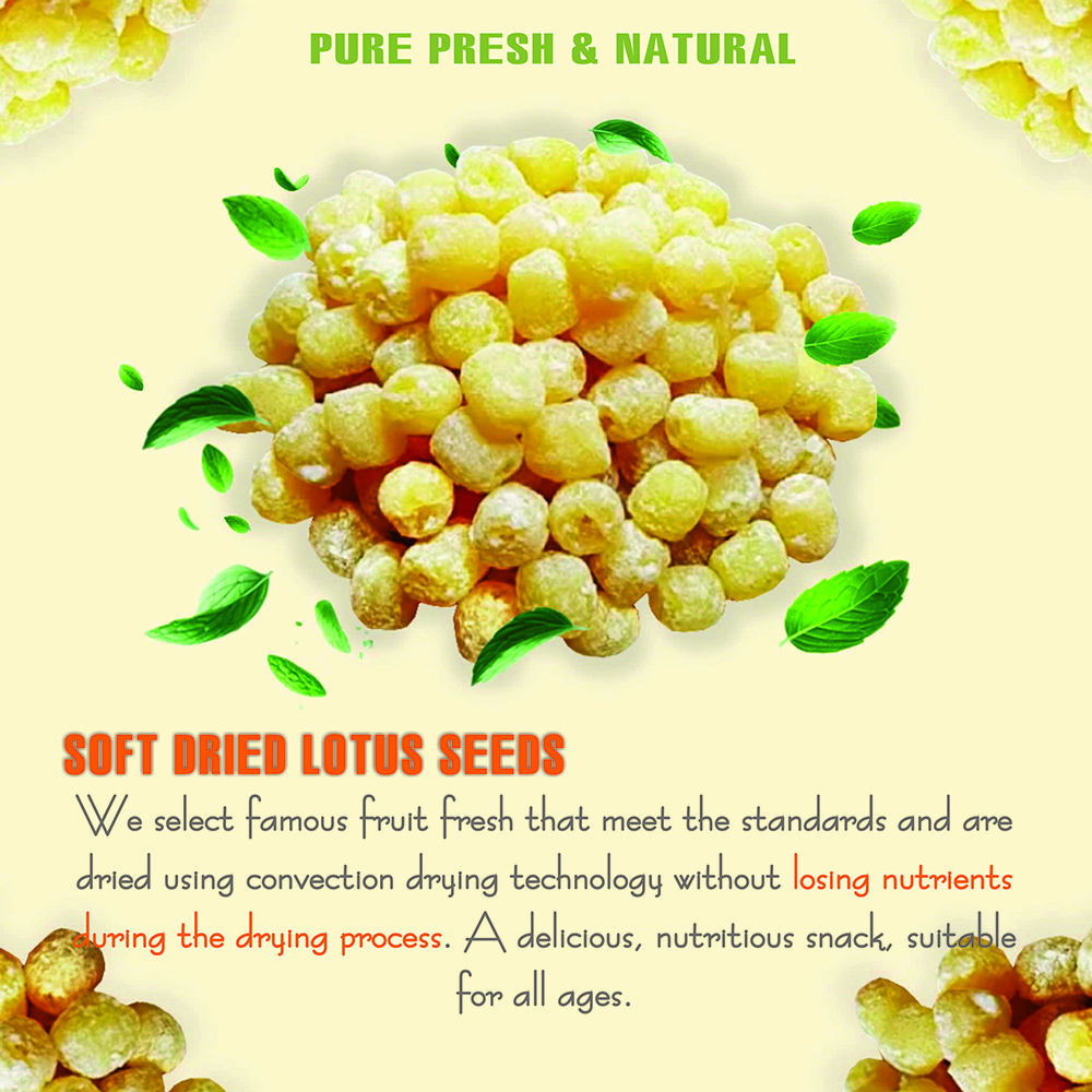 SOFT DRIED LOTUS SEEDS 5.29oz (150g) VIETFARMFOOD: Convection dried fruit with a little sugar, salt, natural sweetness, soft when chewed. Suitable for snack, healthy dessert for all ages
