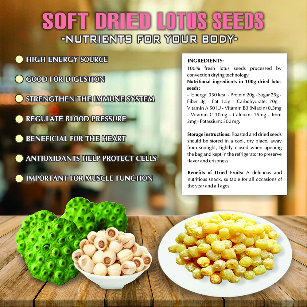 SOFT DRIED LOTUS SEEDS 5.29oz (150g) VIETFARMFOOD: Convection dried fruit with a little sugar, salt, natural sweetness, soft when chewed. Suitable for snack, healthy dessert for all ages