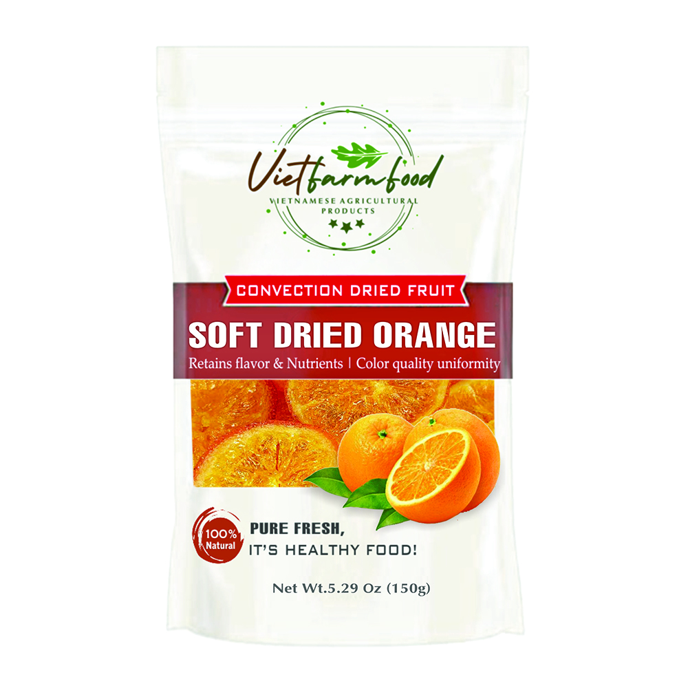 SOFT DRIED YELLOW ORANGE 5.29oz (150g) VIETFARMFOOD: Convection dried fruit with a little sugar, salt, natural sweetness, soft when chewed. Suitable for snack, topping, healthy dessert for all ages