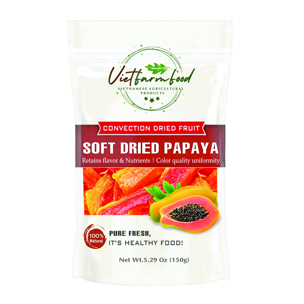 SOFT DRIED PAPAYA 5.29oz (150g) VIETFARMFOOD: Convection dried fruit with a little sugar, salt, natural sweetness, soft when chewed. Suitable for snack, topping, healthy desserts for all ages