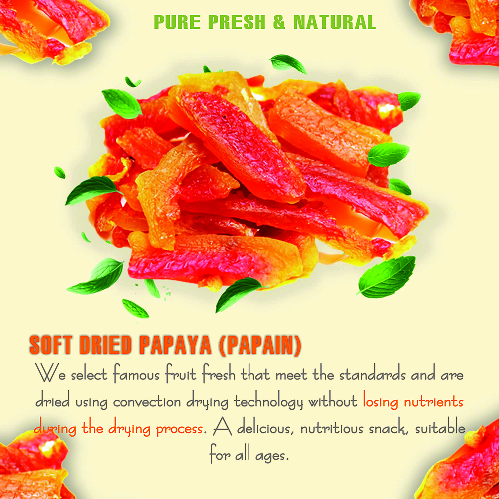 SOFT DRIED PAPAYA 5.29oz (150g) VIETFARMFOOD: Convection dried fruit with a little sugar, salt, natural sweetness, soft when chewed. Suitable for snack, topping, healthy desserts for all ages