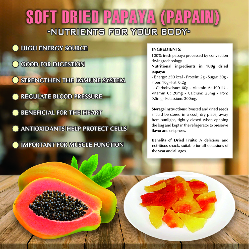 SOFT DRIED PAPAYA 5.29oz (150g) VIETFARMFOOD: Convection dried fruit with a little sugar, salt, natural sweetness, soft when chewed. Suitable for snack, topping, healthy desserts for all ages