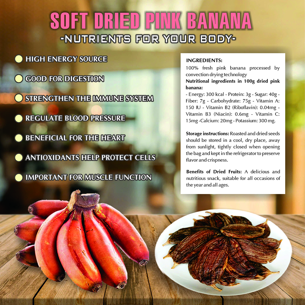 SOFT DRIED PINK BANANA 5.29oz (150g) VIETFARMFOOD: Convection dried fruit, pure natural sweetness without sugar, soft when chewed. Suitable for snack, topping, healthy desserts for all ages