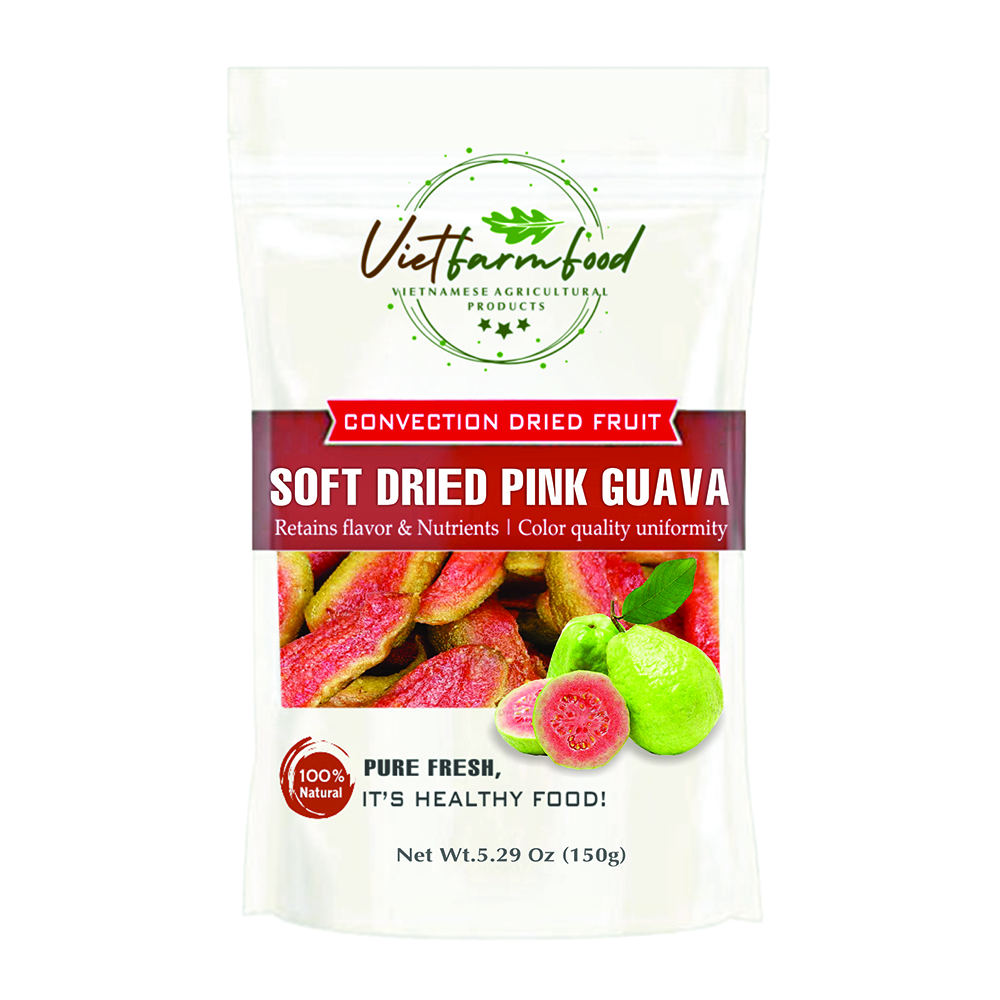SOFT DRIED PINK GUAVA 5.29 Oz (150g) VIETFARMFOOD: Convection dried fruit with a little sugar, salt, chilli, natural sweet, soft when chewed. Suitable for snack, topping, healthy desserts for all ages
