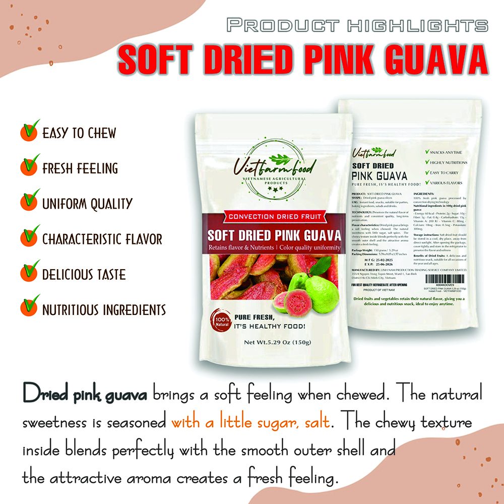 SOFT DRIED PINK GUAVA 5.29 Oz (150g) VIETFARMFOOD: Convection dried fruit with a little sugar, salt, chilli, natural sweet, soft when chewed. Suitable for snack, topping, healthy desserts for all ages