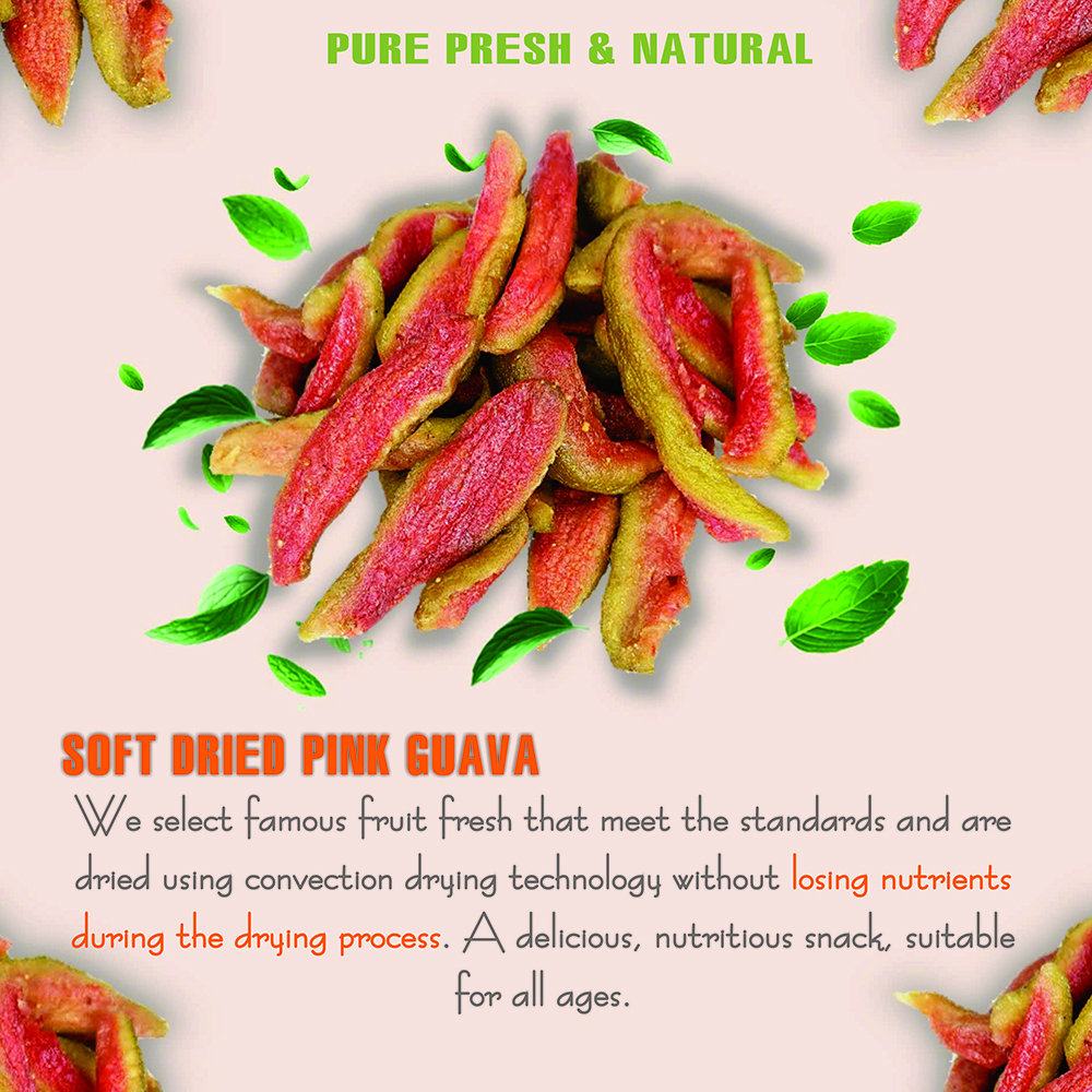 SOFT DRIED PINK GUAVA 5.29 Oz (150g) VIETFARMFOOD: Convection dried fruit with a little sugar, salt, chilli, natural sweet, soft when chewed. Suitable for snack, topping, healthy desserts for all ages