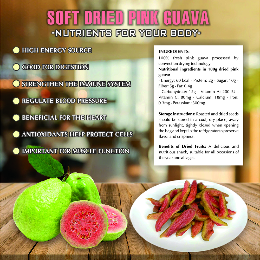 SOFT DRIED PINK GUAVA 5.29 Oz (150g) VIETFARMFOOD: Convection dried fruit with a little sugar, salt, chilli, natural sweet, soft when chewed. Suitable for snack, topping, healthy desserts for all ages
