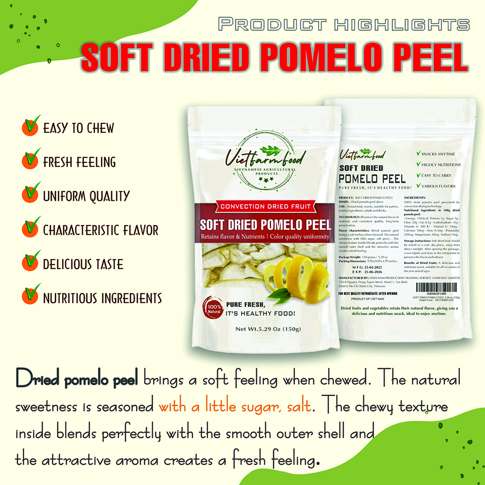 SOFT DRIED POMELO (GRAPEFRUIT PEEL) 5.29 oz (150g) VIETFARMFOOD: Convection dried fruit with little sugar, salt, natural sweet, soft when chewed. Suitable for snack, topping, healthy dessert all ages