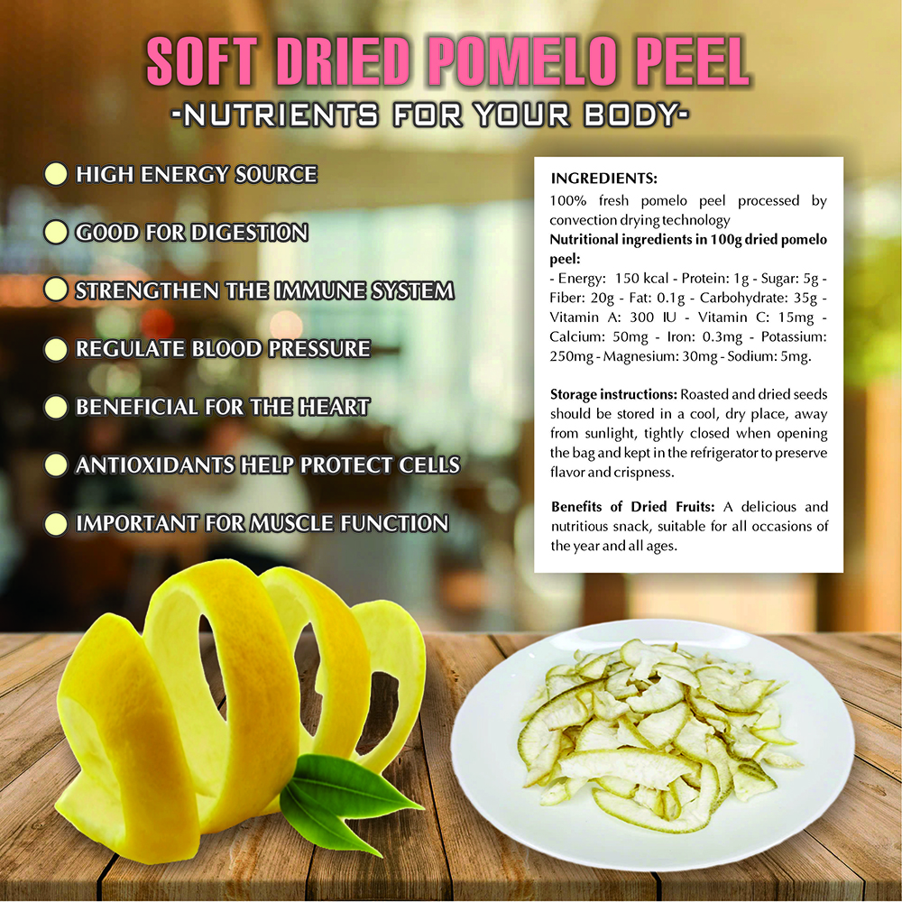 SOFT DRIED POMELO (GRAPEFRUIT PEEL) 5.29 oz (150g) VIETFARMFOOD: Convection dried fruit with little sugar, salt, natural sweet, soft when chewed. Suitable for snack, topping, healthy dessert all ages