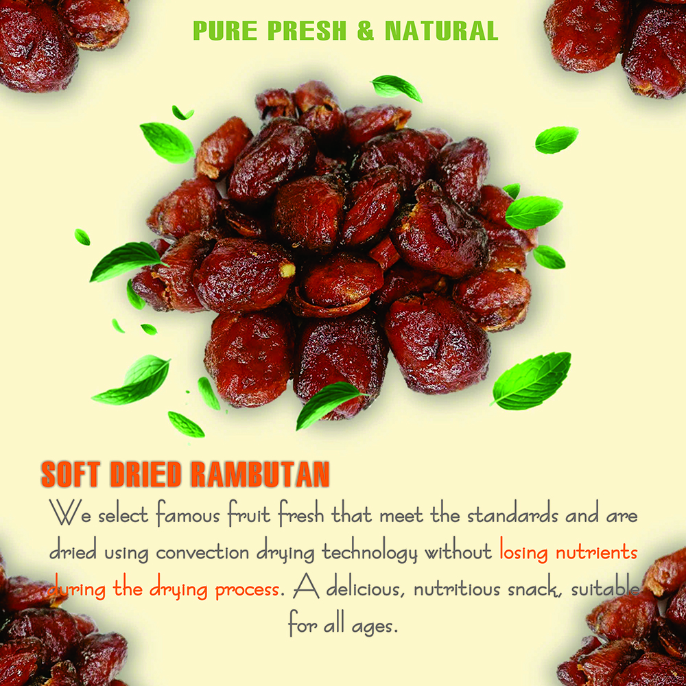 SOFT DRIED RAMBUTAN 5.29oz (150g) VIETFARMFOOD: Convection dried fruit with a little sugar, salt, natural sweetness, soft when chewed. Suitable for snack, topping, healthy dessert for all ages