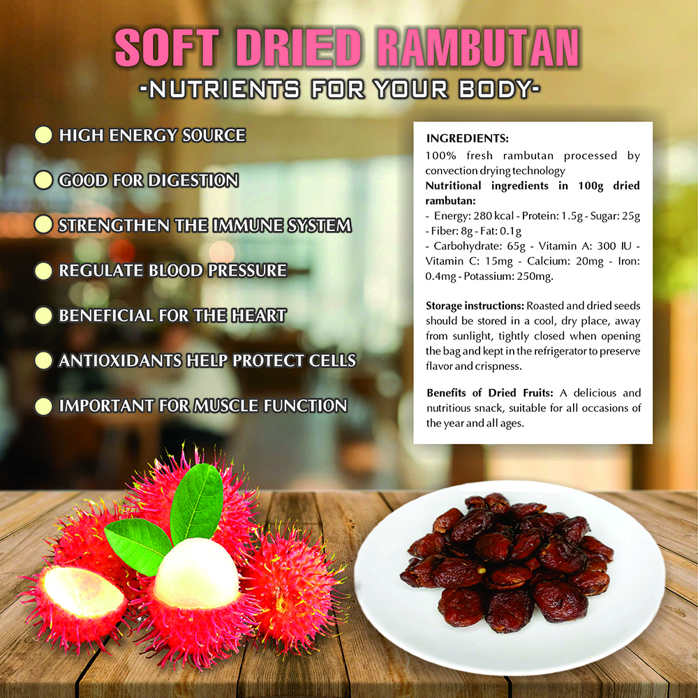 SOFT DRIED RAMBUTAN 5.29oz (150g) VIETFARMFOOD: Convection dried fruit with a little sugar, salt, natural sweetness, soft when chewed. Suitable for snack, topping, healthy dessert for all ages