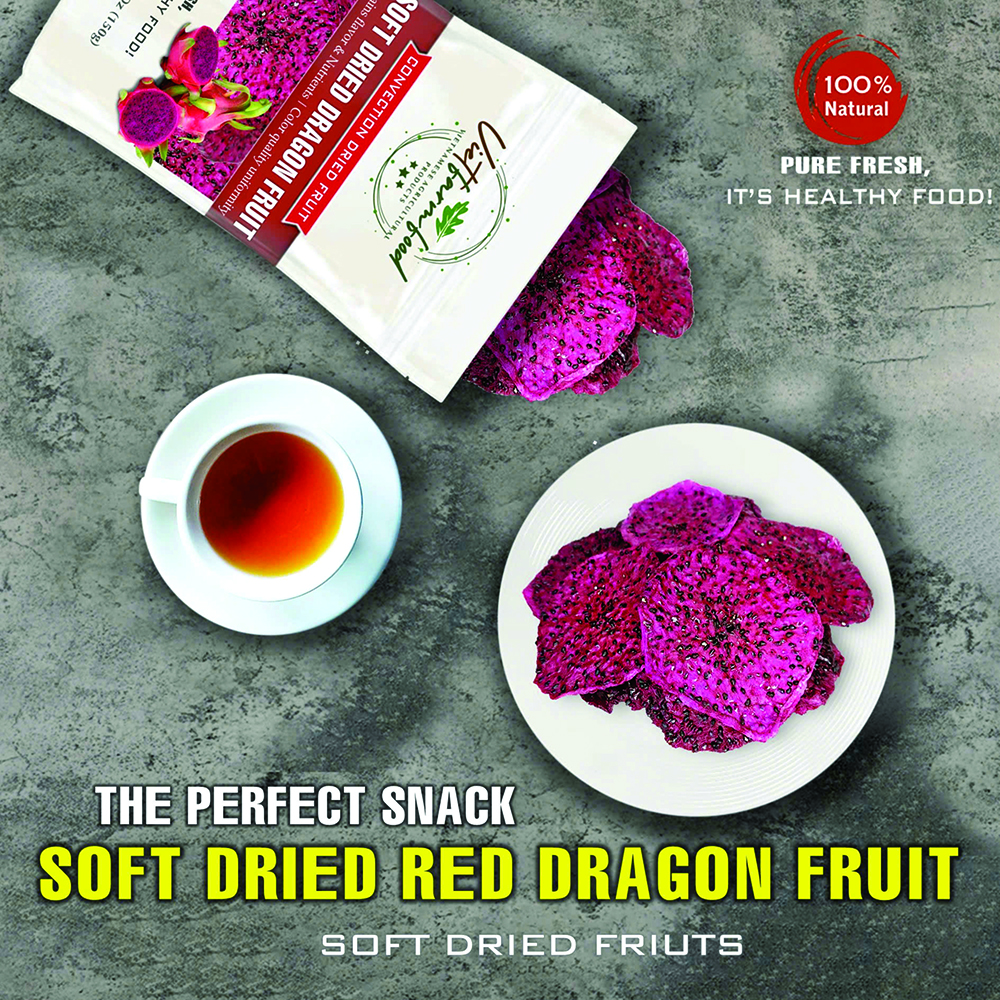 SOFT DRIED RED DRAGON FRUIT 5.29 Oz (150g) VIETFARMFOOD: Convection dried fruit, pure natural sweetness without sugar, soft when chewed. Suitable for snack, topping, healthy desserts for all ages