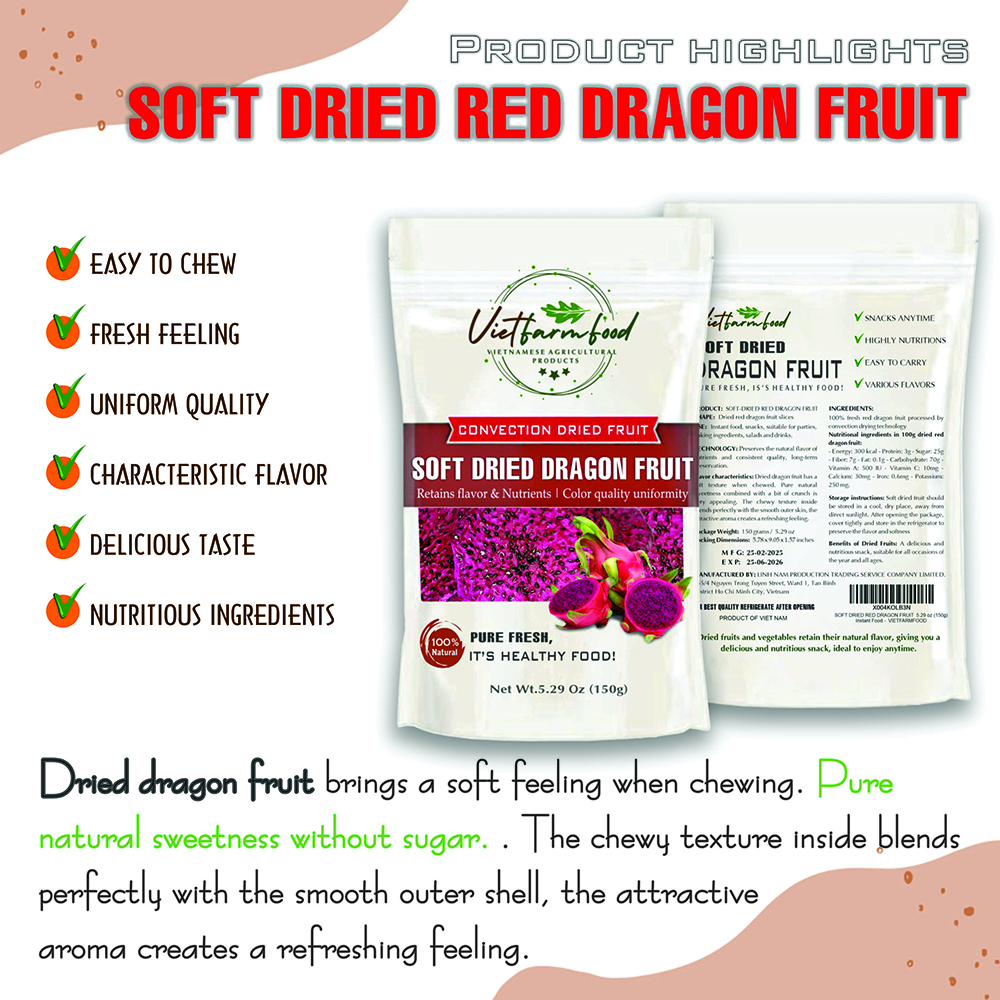SOFT DRIED RED DRAGON FRUIT 5.29 Oz (150g) VIETFARMFOOD: Convection dried fruit, pure natural sweetness without sugar, soft when chewed. Suitable for snack, topping, healthy desserts for all ages
