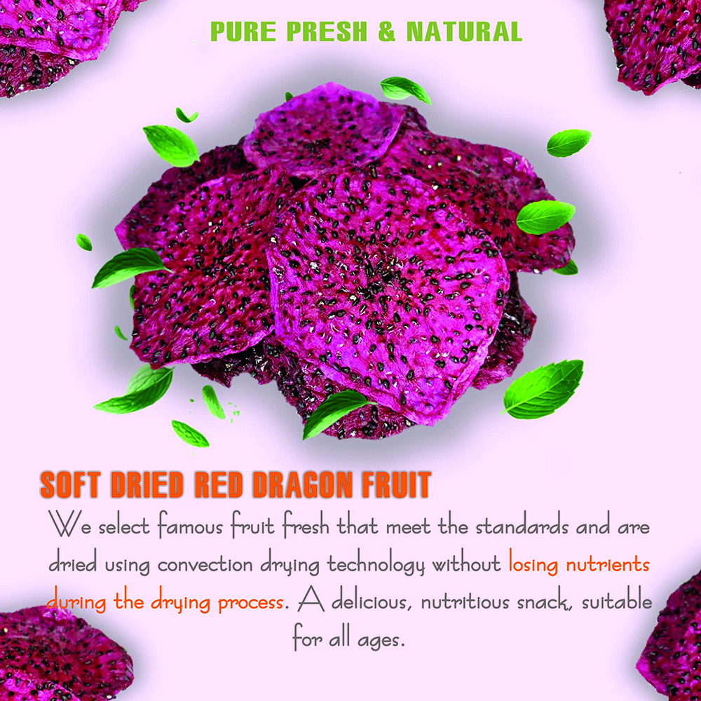 SOFT DRIED RED DRAGON FRUIT 5.29 Oz (150g) VIETFARMFOOD: Convection dried fruit, pure natural sweetness without sugar, soft when chewed. Suitable for snack, topping, healthy desserts for all ages