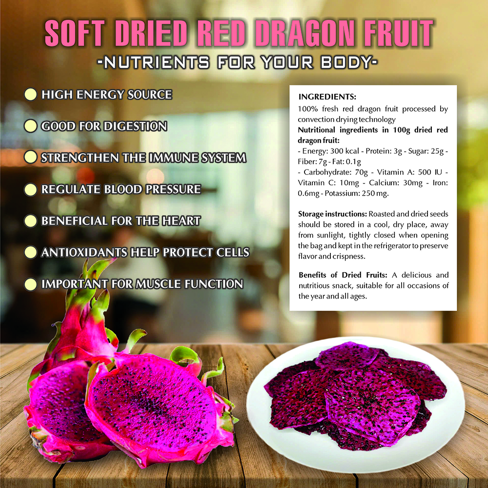 SOFT DRIED RED DRAGON FRUIT 5.29 Oz (150g) VIETFARMFOOD: Convection dried fruit, pure natural sweetness without sugar, soft when chewed. Suitable for snack, topping, healthy desserts for all ages
