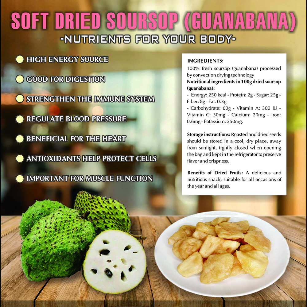SOFT DRIED SOURSOP (GUANABANA) 5.29 Oz (150g) VIETFARMFOOD: Convection dried fruit, pure natural sweetness without sugar, soft when chewed. Suitable for snack, topping, healthy desserts for all ages
