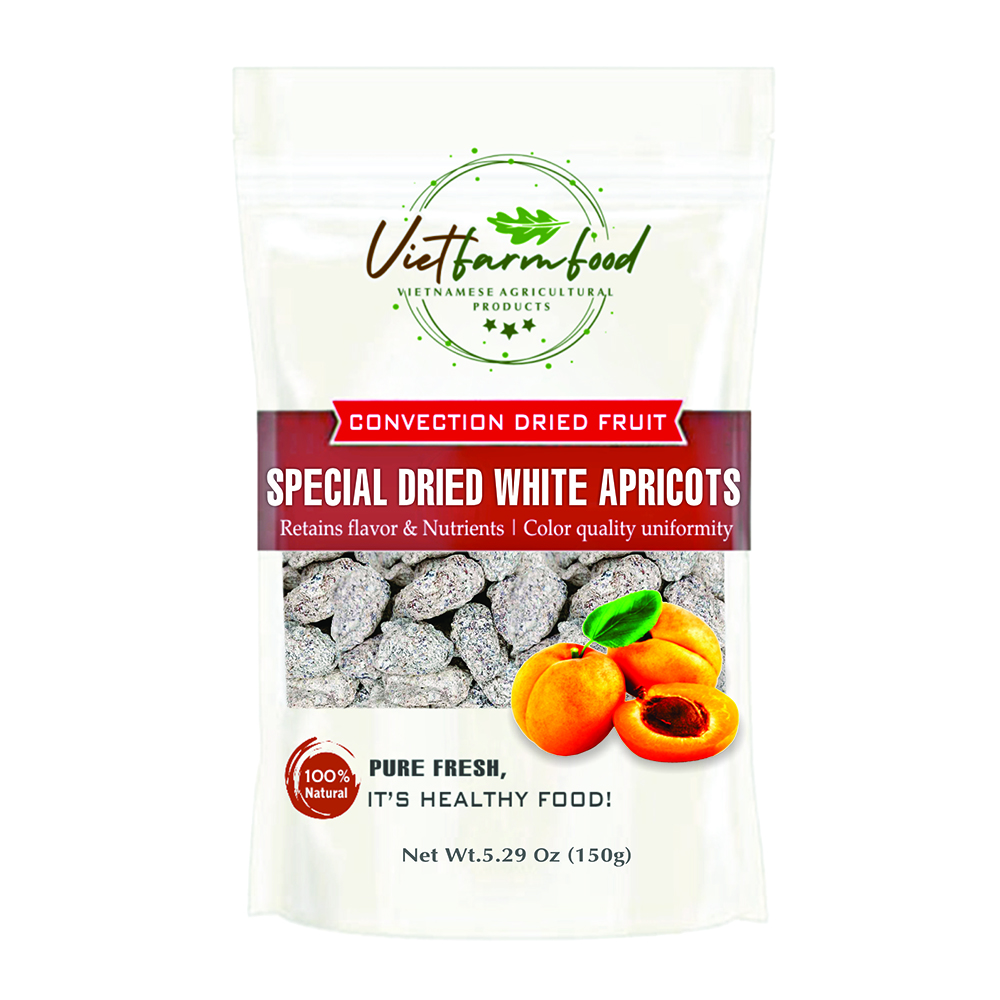 SPECIAL DRIED WHITE APRICOTS 5.29oz (150g) VIETFARMFOOD: Convection dried fruit with a little sugar, salt, natural sweetness, soft when chewed. Suitable for snack, healthy dessert for all ages