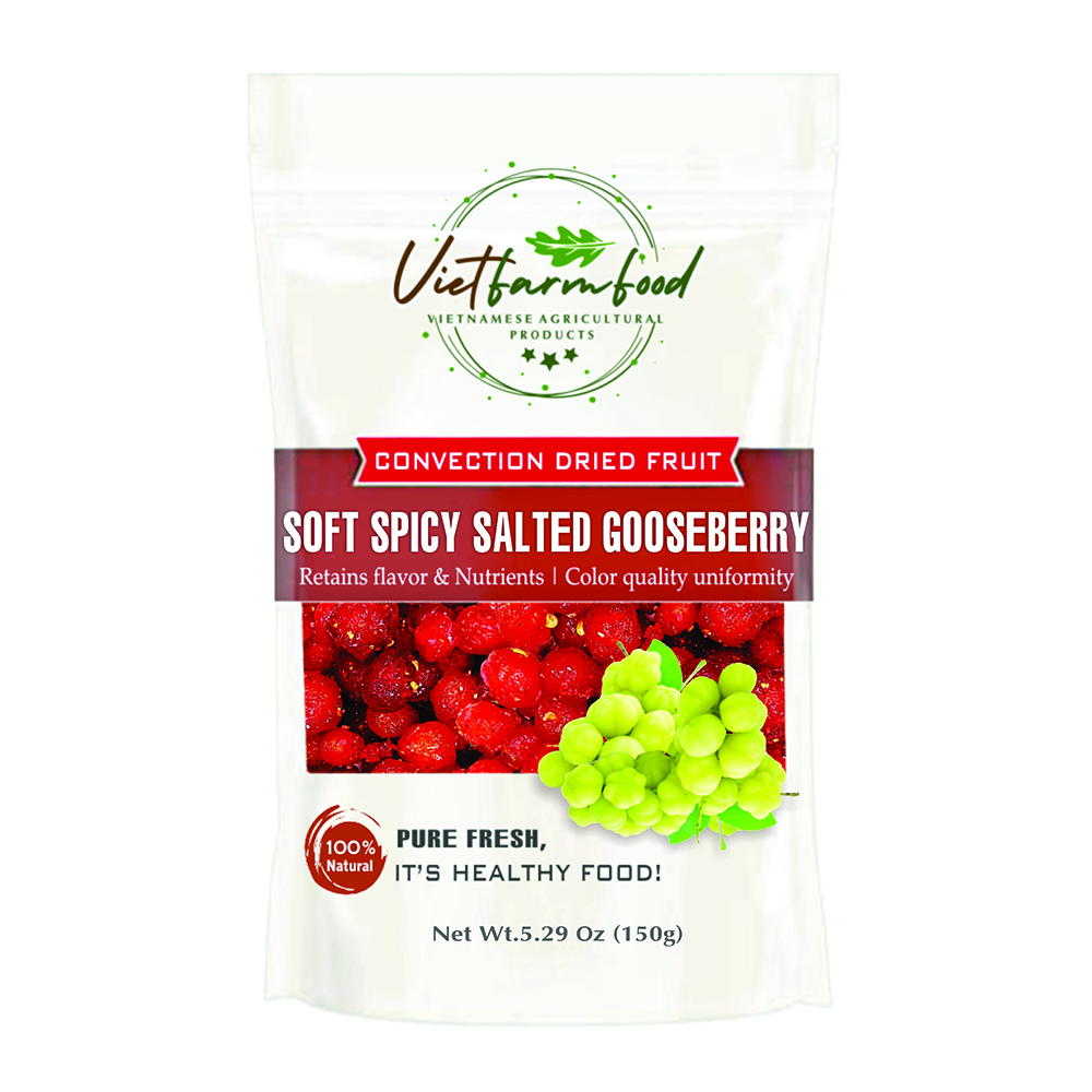 SOFT SPICY SALTED GOOSEBERRY 5.29oz (150g) VIETFARMFOOD: Convection dried fruit with little sugar, salt, chili natural sweet, soft when chewed. Suitable for snack, topping, healthy dessert for all age