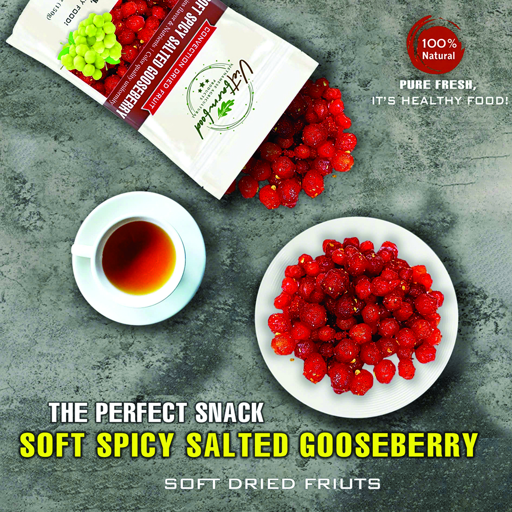 SOFT SPICY SALTED GOOSEBERRY 5.29oz (150g) VIETFARMFOOD: Convection dried fruit with little sugar, salt, chili natural sweet, soft when chewed. Suitable for snack, topping, healthy dessert for all age