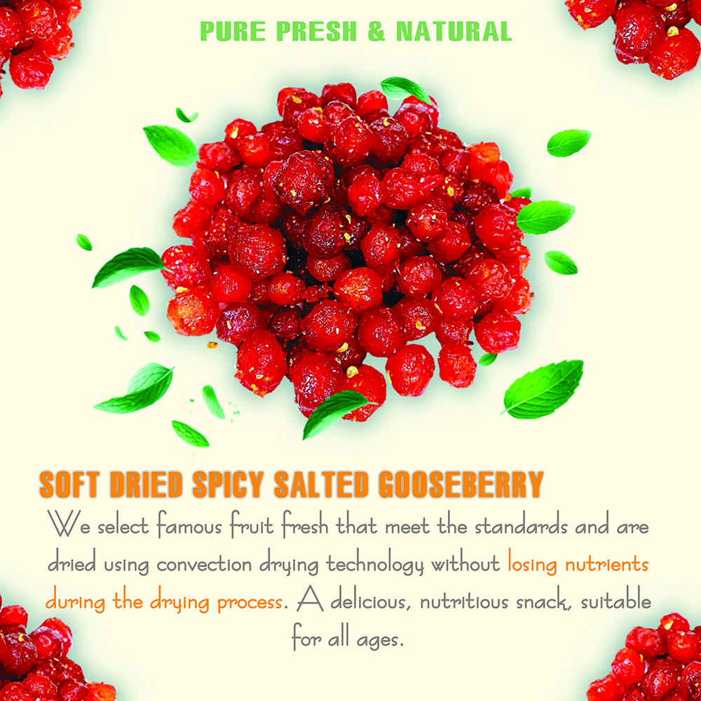 SOFT SPICY SALTED GOOSEBERRY 5.29oz (150g) VIETFARMFOOD: Convection dried fruit with little sugar, salt, chili natural sweet, soft when chewed. Suitable for snack, topping, healthy dessert for all age