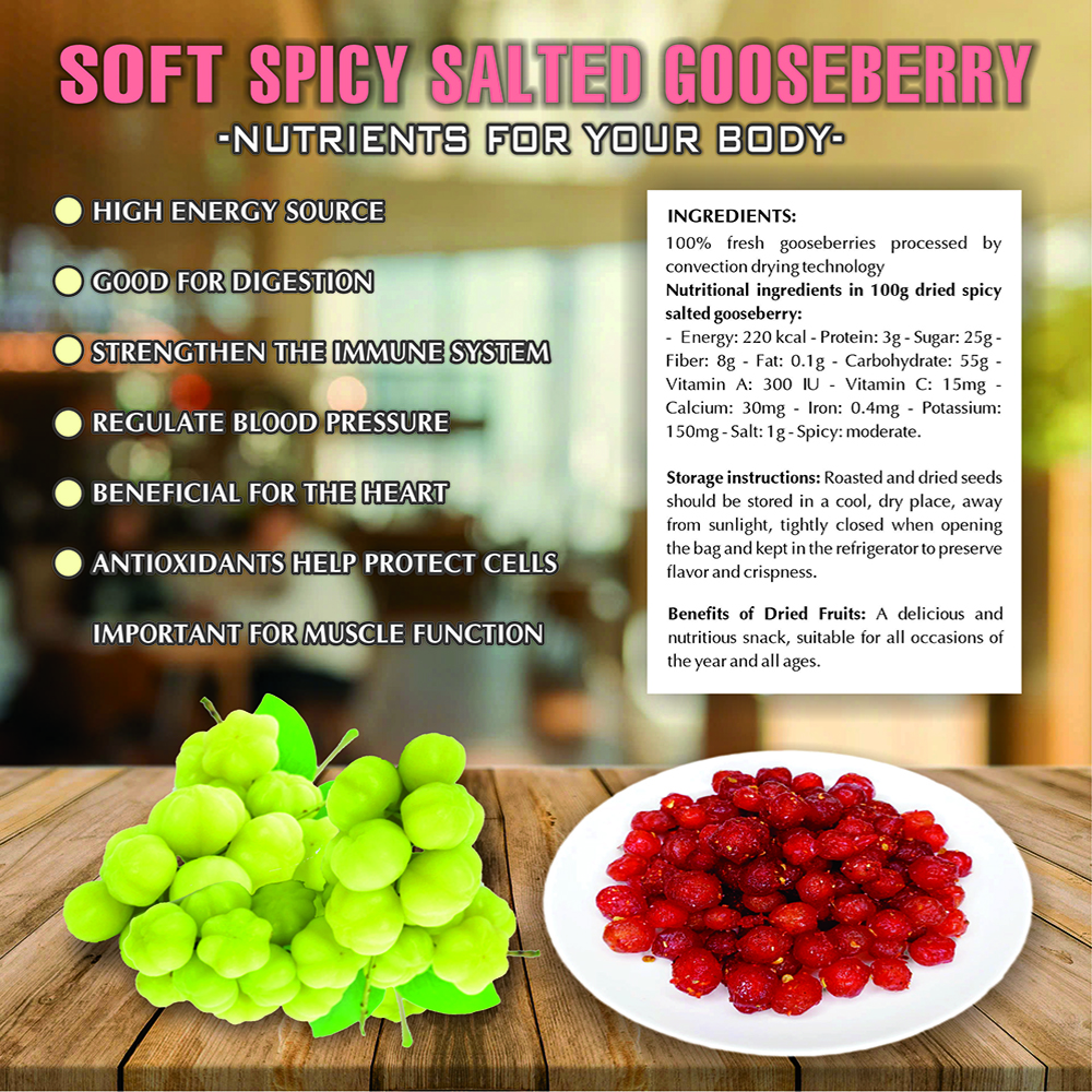 SOFT SPICY SALTED GOOSEBERRY 5.29oz (150g) VIETFARMFOOD: Convection dried fruit with little sugar, salt, chili natural sweet, soft when chewed. Suitable for snack, topping, healthy dessert for all age