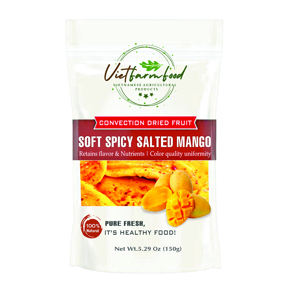 SOFT SPICY SALTED MANGO 5.29oz (150g) VIETFARMFOOD: Convection dried fruit with a little sugar, salt, chili natural sweet, soft when chewed. Suitable for snack, topping, healthy dessert for all age
