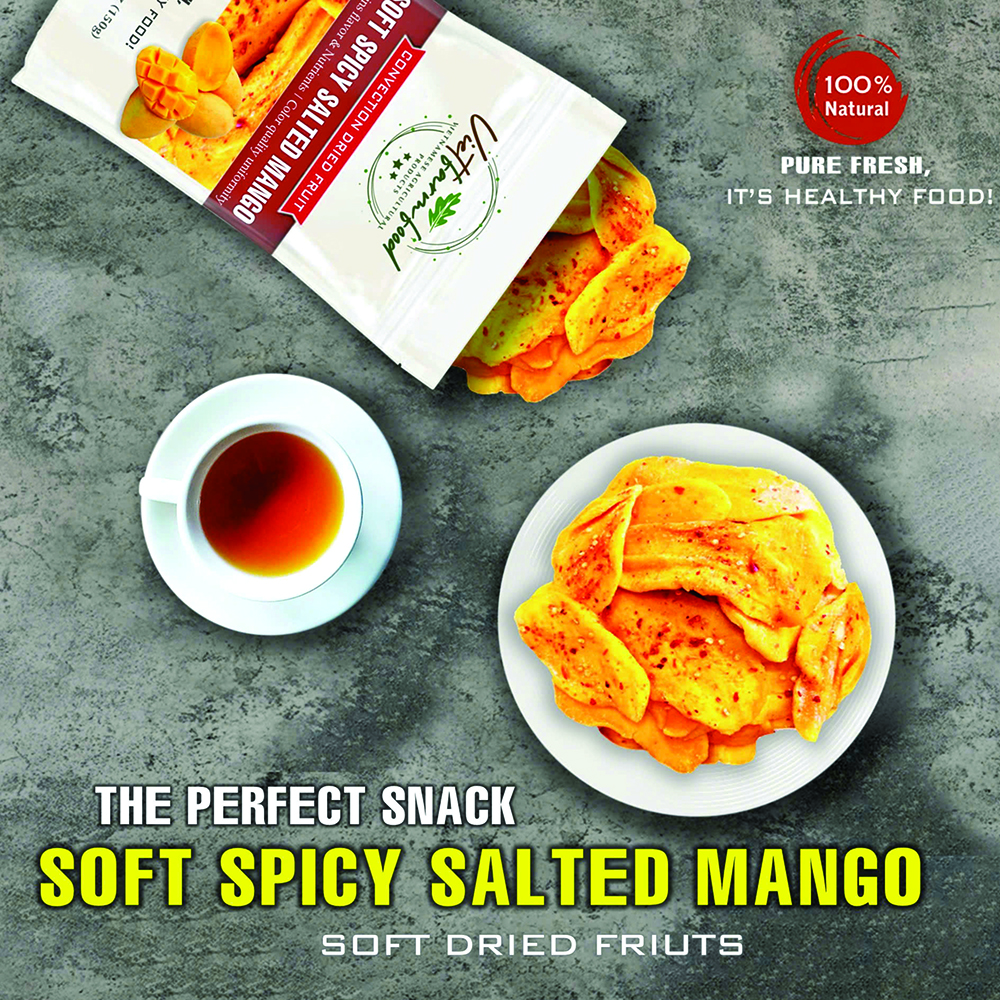 SOFT SPICY SALTED MANGO 5.29oz (150g) VIETFARMFOOD: Convection dried fruit with a little sugar, salt, chili natural sweet, soft when chewed. Suitable for snack, topping, healthy dessert for all age