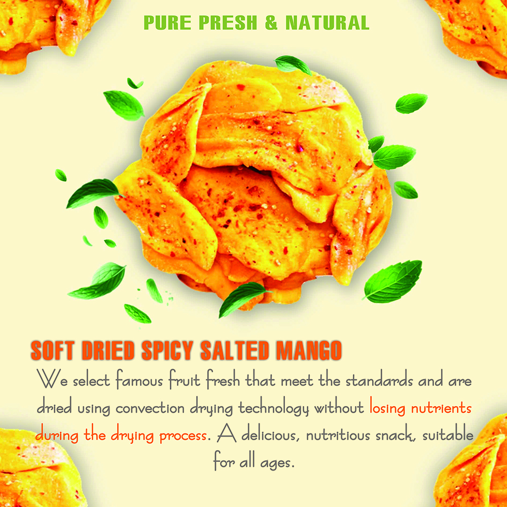 SOFT SPICY SALTED MANGO 5.29oz (150g) VIETFARMFOOD: Convection dried fruit with a little sugar, salt, chili natural sweet, soft when chewed. Suitable for snack, topping, healthy dessert for all age