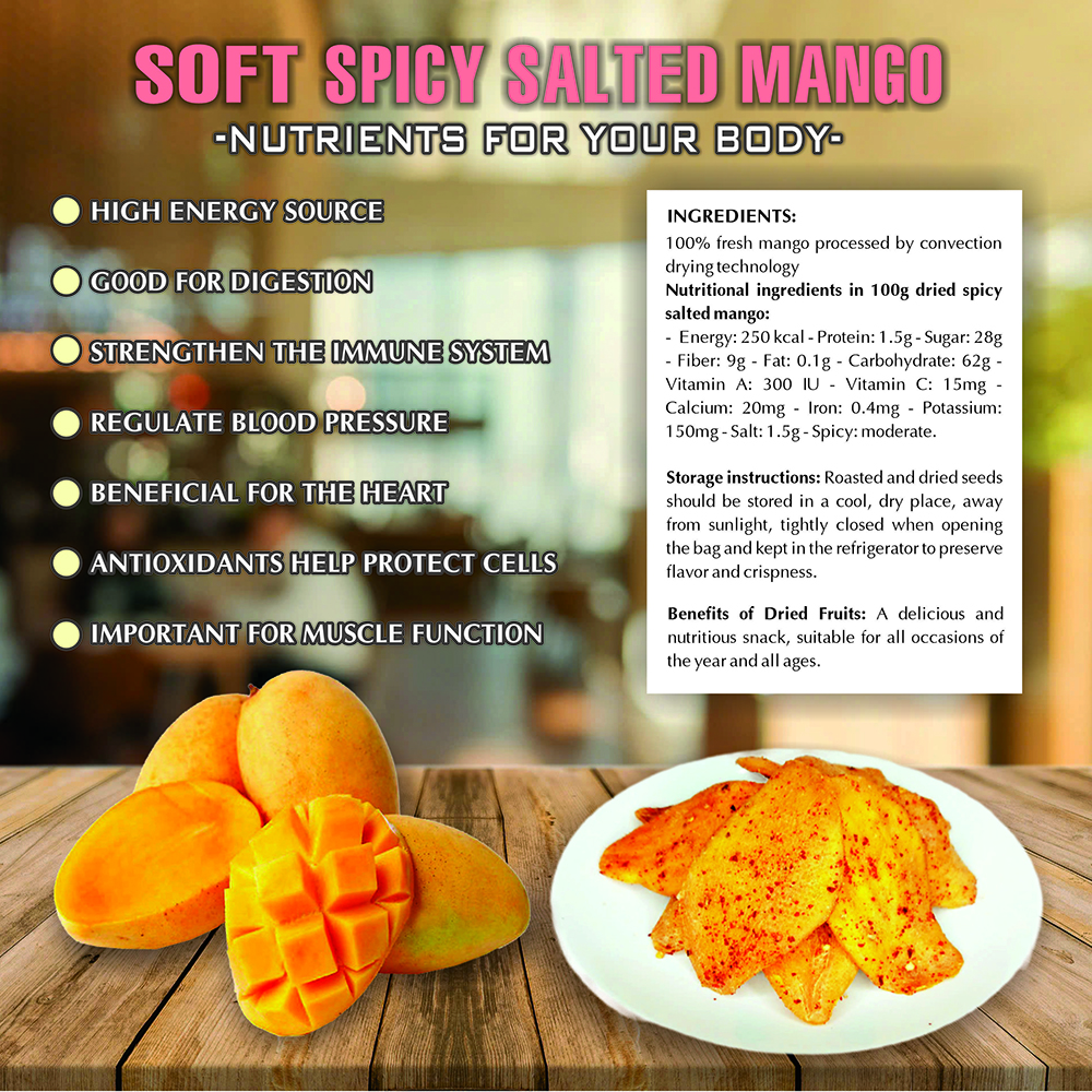 SOFT SPICY SALTED MANGO 5.29oz (150g) VIETFARMFOOD: Convection dried fruit with a little sugar, salt, chili natural sweet, soft when chewed. Suitable for snack, topping, healthy dessert for all age