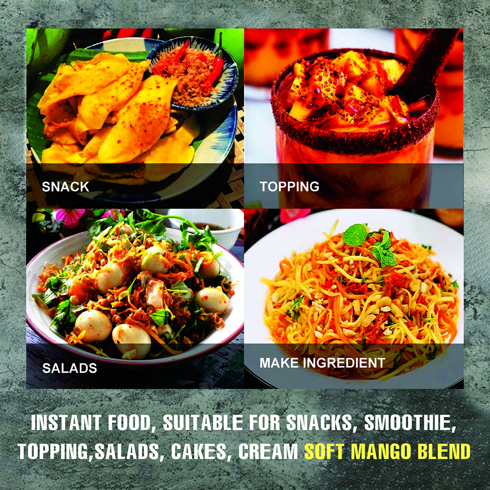 SOFT SPICY SALTED MANGO 5.29oz (150g) VIETFARMFOOD: Convection dried fruit with a little sugar, salt, chili natural sweet, soft when chewed. Suitable for snack, topping, healthy dessert for all age