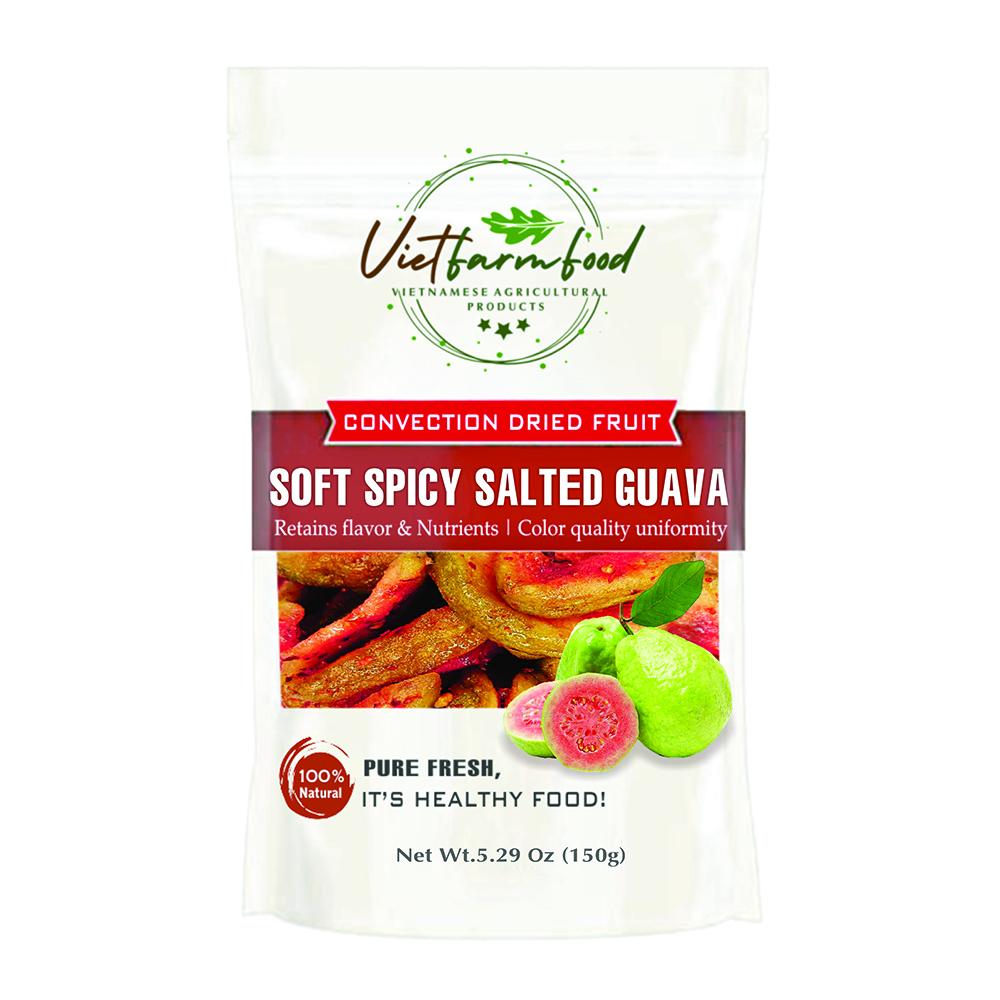 SOFT SPICY SALTED PINK GUAVA 5.29oz (150g) VIETFARMFOOD: Convection dried fruit with little sugar, salt, chili natural sweet, soft when chewed. Suitable for snack, topping, healthy dessert for all age
