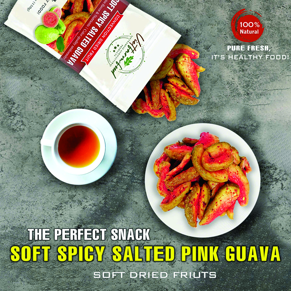 SOFT SPICY SALTED PINK GUAVA 5.29oz (150g) VIETFARMFOOD: Convection dried fruit with little sugar, salt, chili natural sweet, soft when chewed. Suitable for snack, topping, healthy dessert for all age