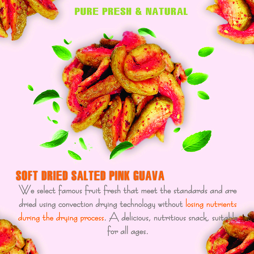 SOFT SPICY SALTED PINK GUAVA 5.29oz (150g) VIETFARMFOOD: Convection dried fruit with little sugar, salt, chili natural sweet, soft when chewed. Suitable for snack, topping, healthy dessert for all age