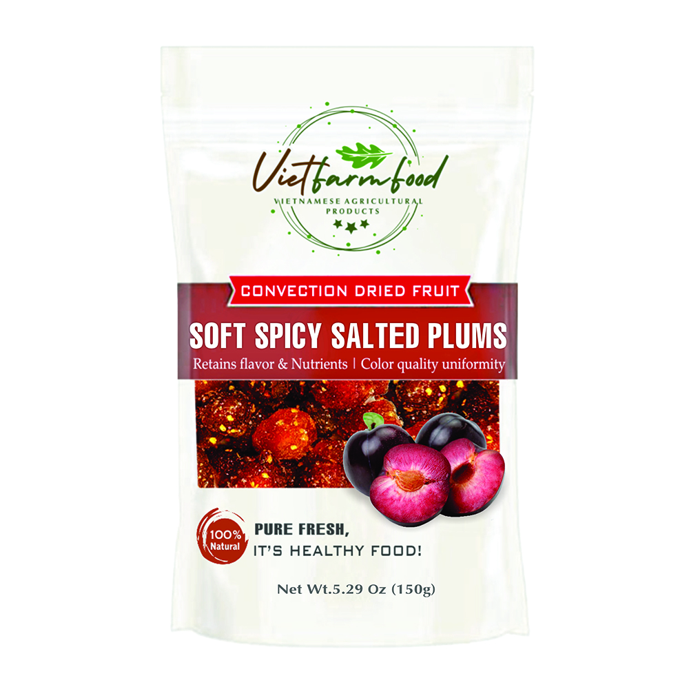 SOFT SPICY SALTED PLUMS 5.29oz (150g) VIETFARMFOOD: Convection dried fruit with a little sugar, salt, chili natural sweet, soft when chewed. Suitable for snack, topping, healthy dessert for all age