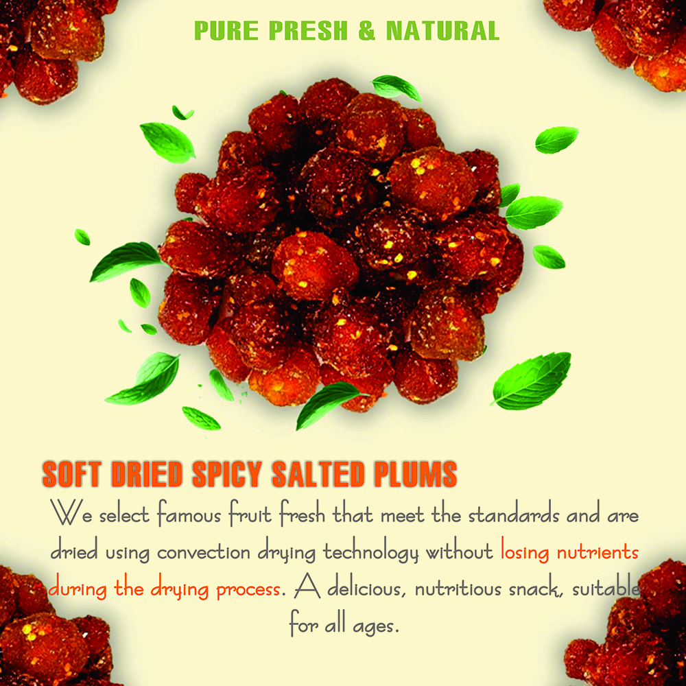 SOFT SPICY SALTED PLUMS 5.29oz (150g) VIETFARMFOOD: Convection dried fruit with a little sugar, salt, chili natural sweet, soft when chewed. Suitable for snack, topping, healthy dessert for all age
