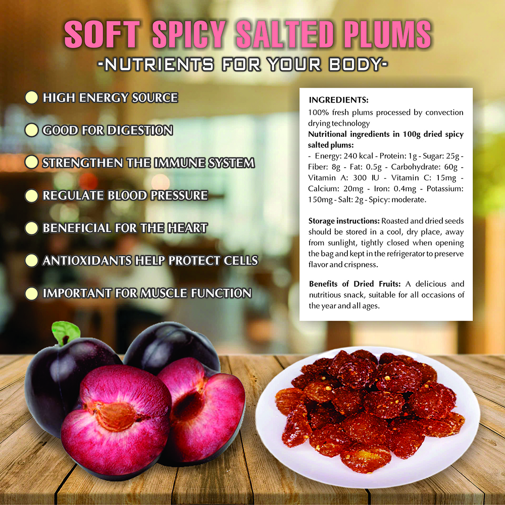 SOFT SPICY SALTED PLUMS 5.29oz (150g) VIETFARMFOOD: Convection dried fruit with a little sugar, salt, chili natural sweet, soft when chewed. Suitable for snack, topping, healthy dessert for all age