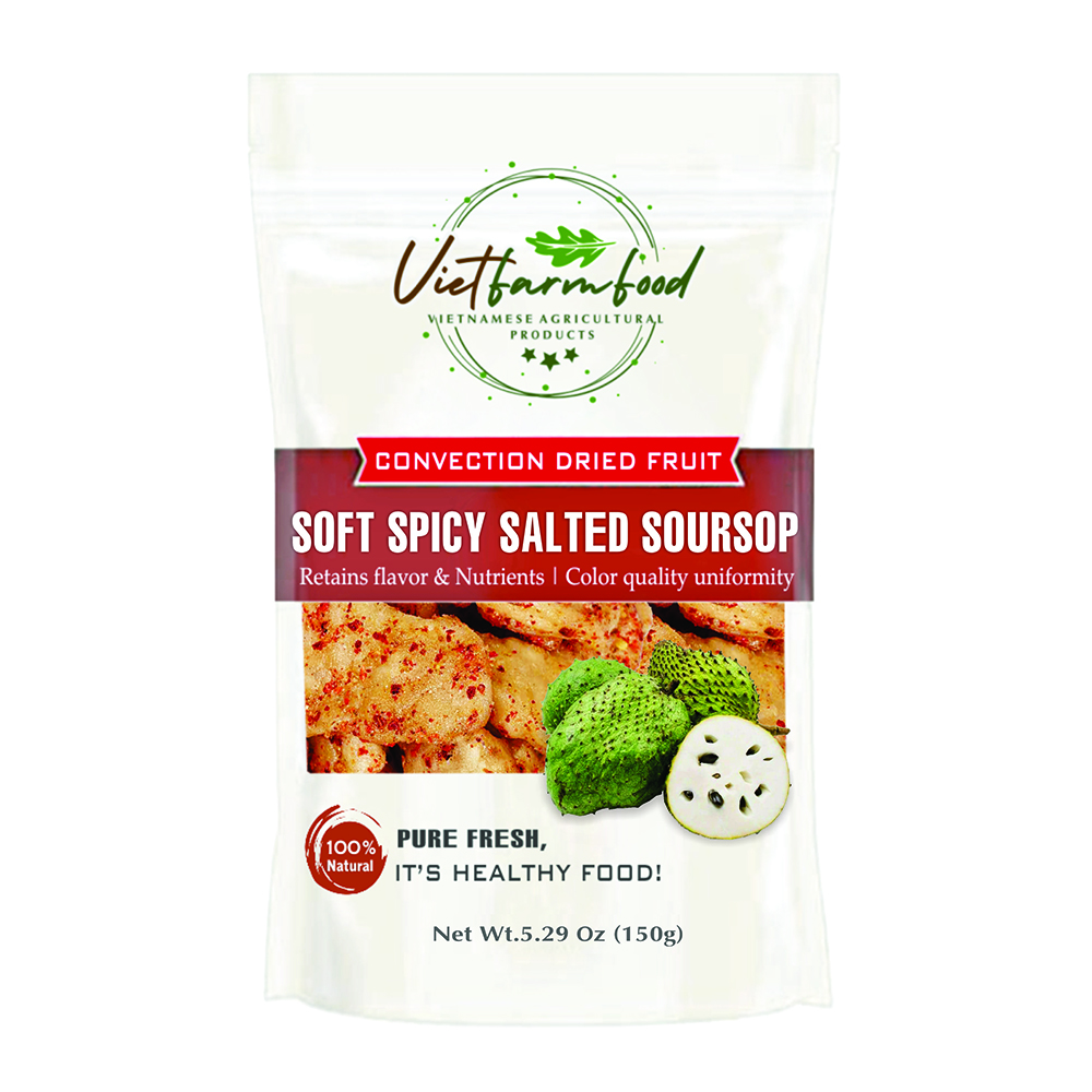 SOFT SPICY SALTED SOURSOP 5.29oz (150g) VIETFARMFOOD: Convection dried fruit with a little sugar, salt, chili natural sweet, soft when chewed. Suitable for snack, topping, healthy dessert for all age