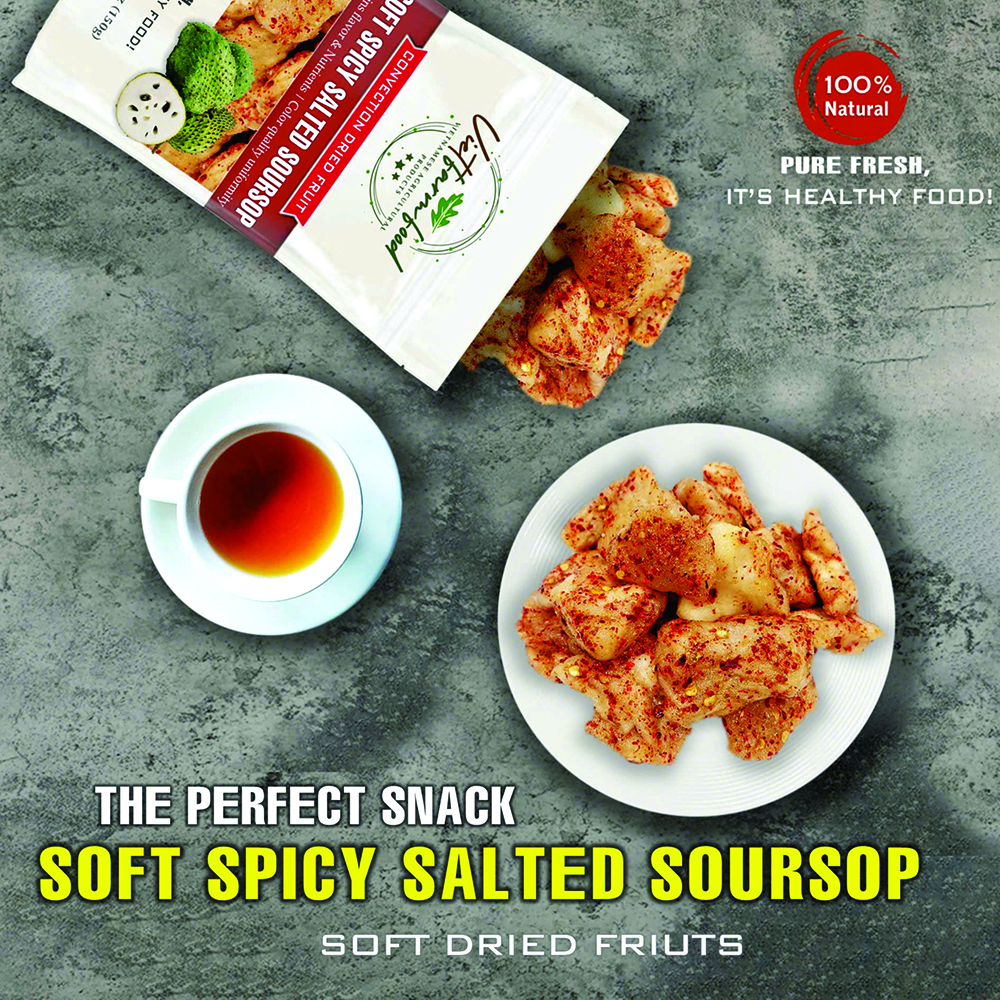 SOFT SPICY SALTED SOURSOP 5.29oz (150g) VIETFARMFOOD: Convection dried fruit with a little sugar, salt, chili natural sweet, soft when chewed. Suitable for snack, topping, healthy dessert for all age