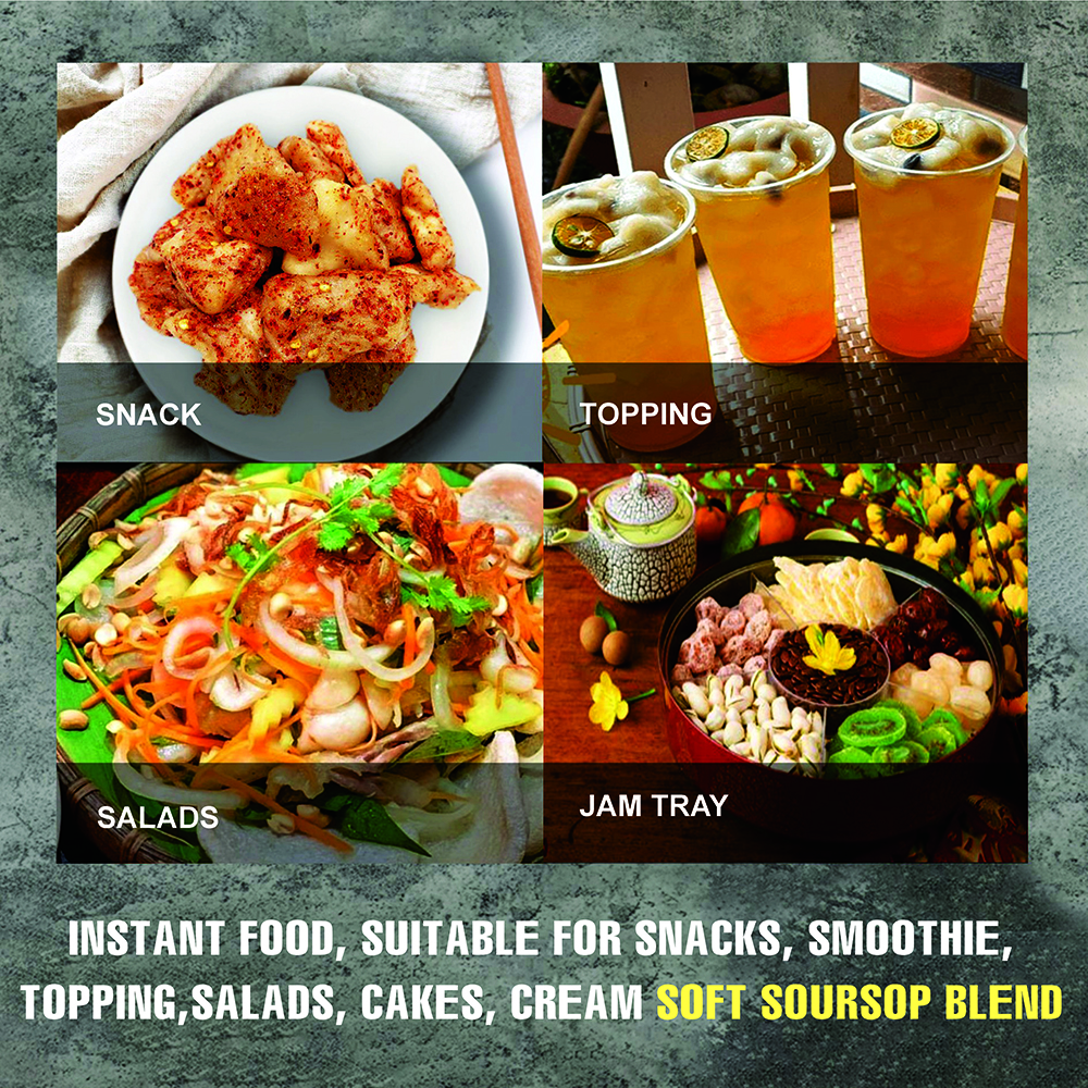 SOFT SPICY SALTED SOURSOP 5.29oz (150g) VIETFARMFOOD: Convection dried fruit with a little sugar, salt, chili natural sweet, soft when chewed. Suitable for snack, topping, healthy dessert for all age