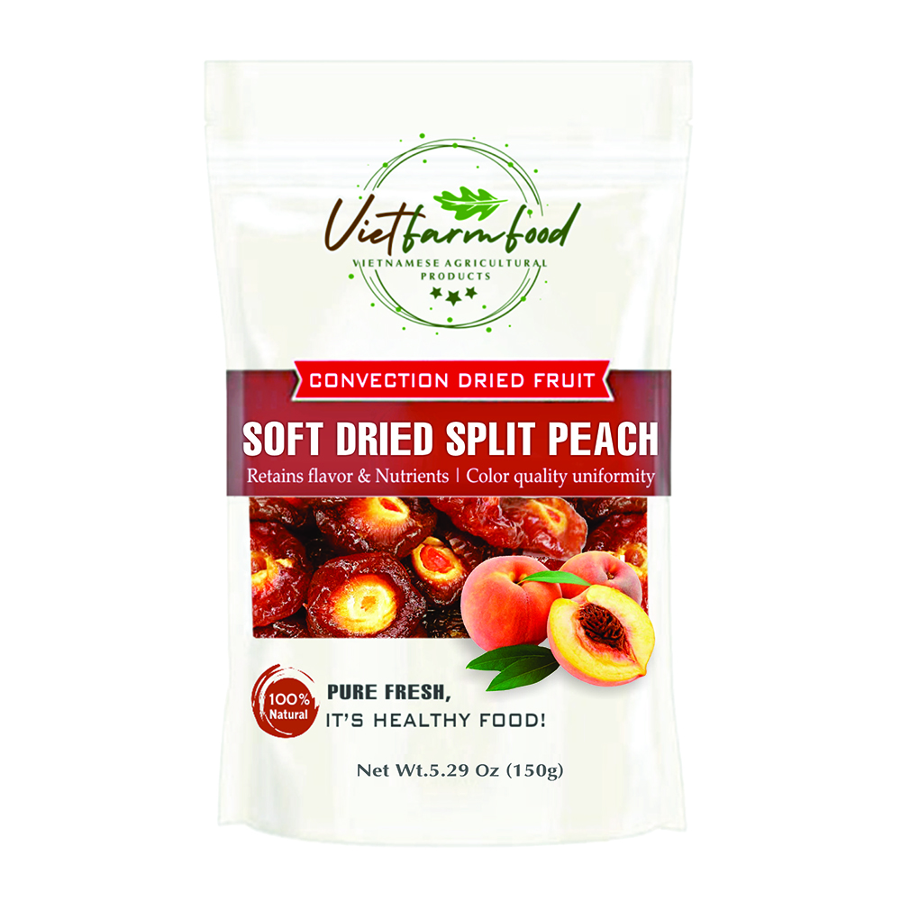 SOFT DRIED SPLIT PEACH 5.29oz (150g) VIETFARMFOOD: Convection dried fruit with a little sugar, salt, natural sweetness, soft when chewed. Suitable for snack, topping, healthy dessert for all ages