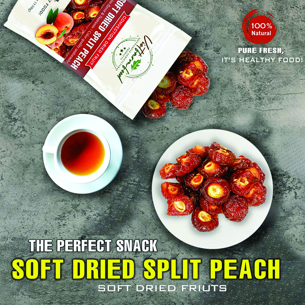 SOFT DRIED SPLIT PEACH 5.29oz (150g) VIETFARMFOOD: Convection dried fruit with a little sugar, salt, natural sweetness, soft when chewed. Suitable for snack, topping, healthy dessert for all ages