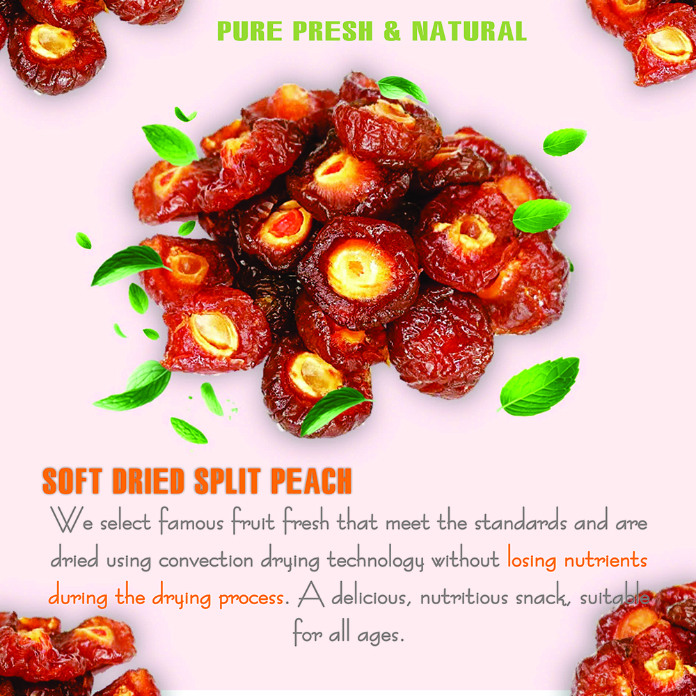 SOFT DRIED SPLIT PEACH 5.29oz (150g) VIETFARMFOOD: Convection dried fruit with a little sugar, salt, natural sweetness, soft when chewed. Suitable for snack, topping, healthy dessert for all ages