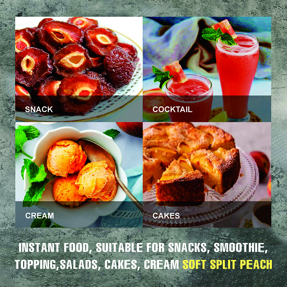 SOFT DRIED SPLIT PEACH 5.29oz (150g) VIETFARMFOOD: Convection dried fruit with a little sugar, salt, natural sweetness, soft when chewed. Suitable for snack, topping, healthy dessert for all ages