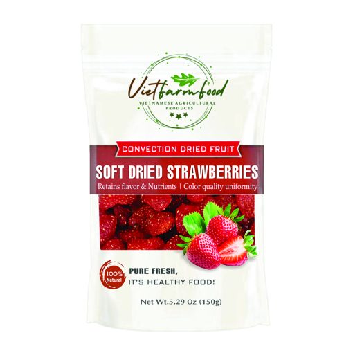 SOFT DRIED STRAWBERRIES 5.29oz (150g) VIETFARMFOOD: Convection dried fruit with a little sugar, salt, natural sweetness, soft when chewed. Suitable for snack, healthy dessert for all ages 1 SOFT DRIED STRAWBERRIES CONVECTION DRIED FRUIT Viet Farm Food Agricultural Products 84 0938838553 1
