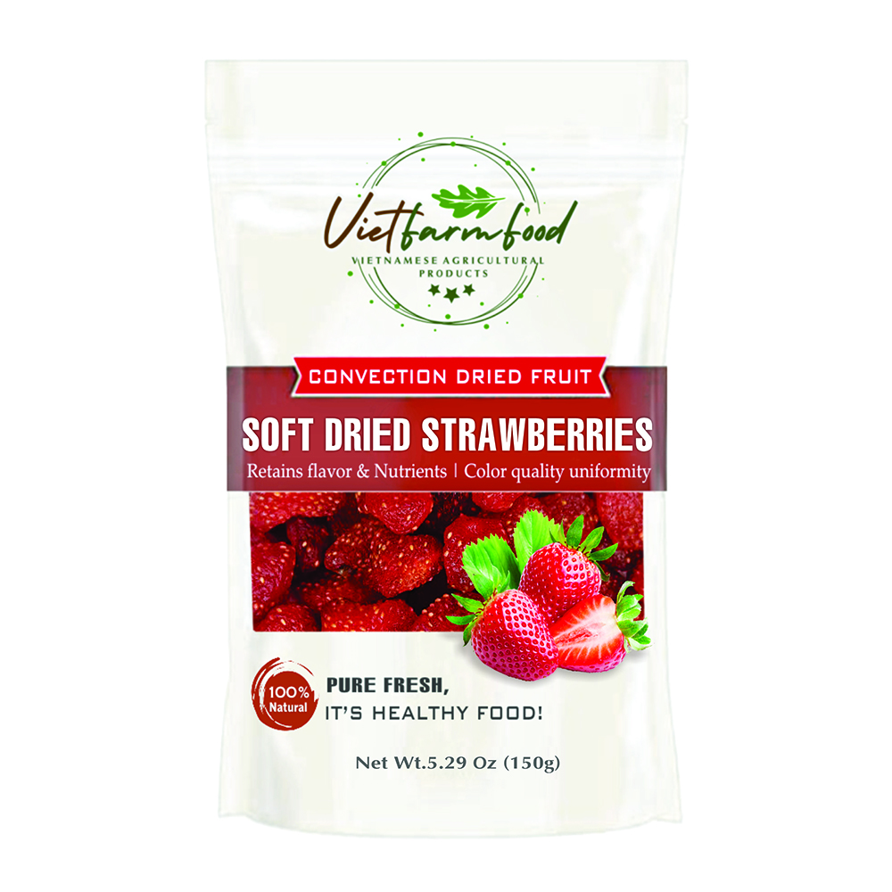 SOFT DRIED STRAWBERRIES 5.29oz (150g) VIETFARMFOOD: Convection dried fruit with a little sugar, salt, natural sweetness, soft when chewed. Suitable for snack, healthy dessert for all ages
