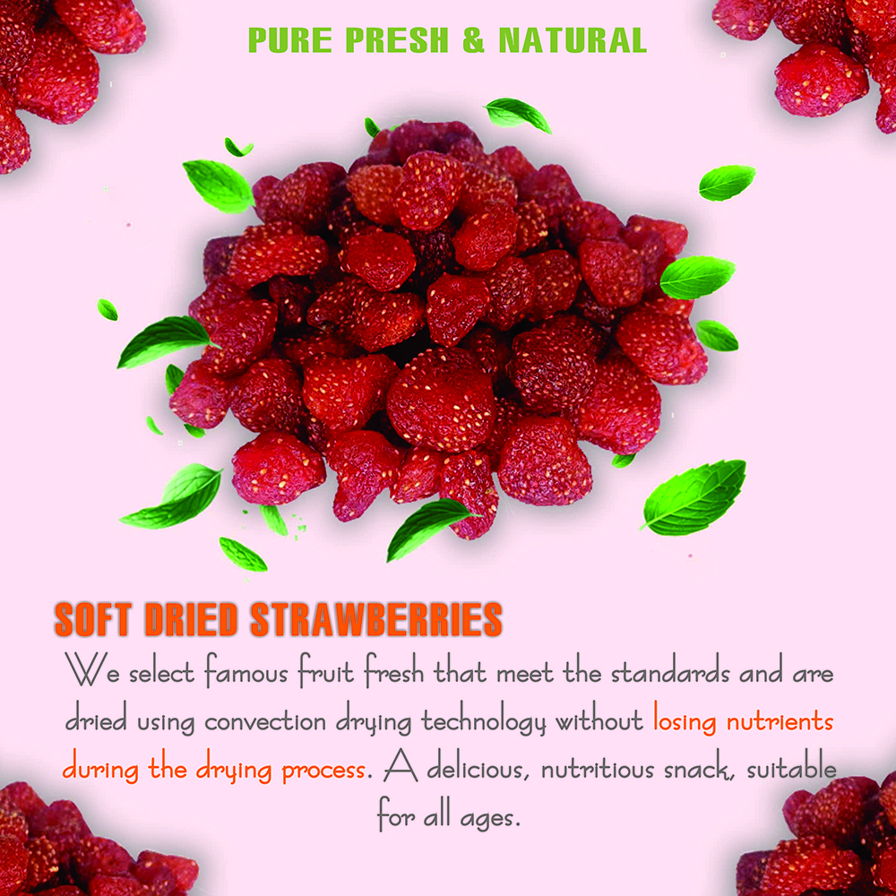 SOFT DRIED STRAWBERRIES 5.29oz (150g) VIETFARMFOOD: Convection dried fruit with a little sugar, salt, natural sweetness, soft when chewed. Suitable for snack, healthy dessert for all ages